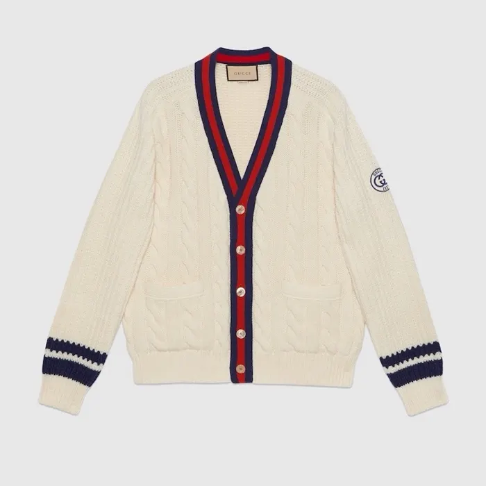 구찌 남성 가디건 763373 XKDPC 9189 Cable wool knit cardigan with Web 명품 | 명품하우스