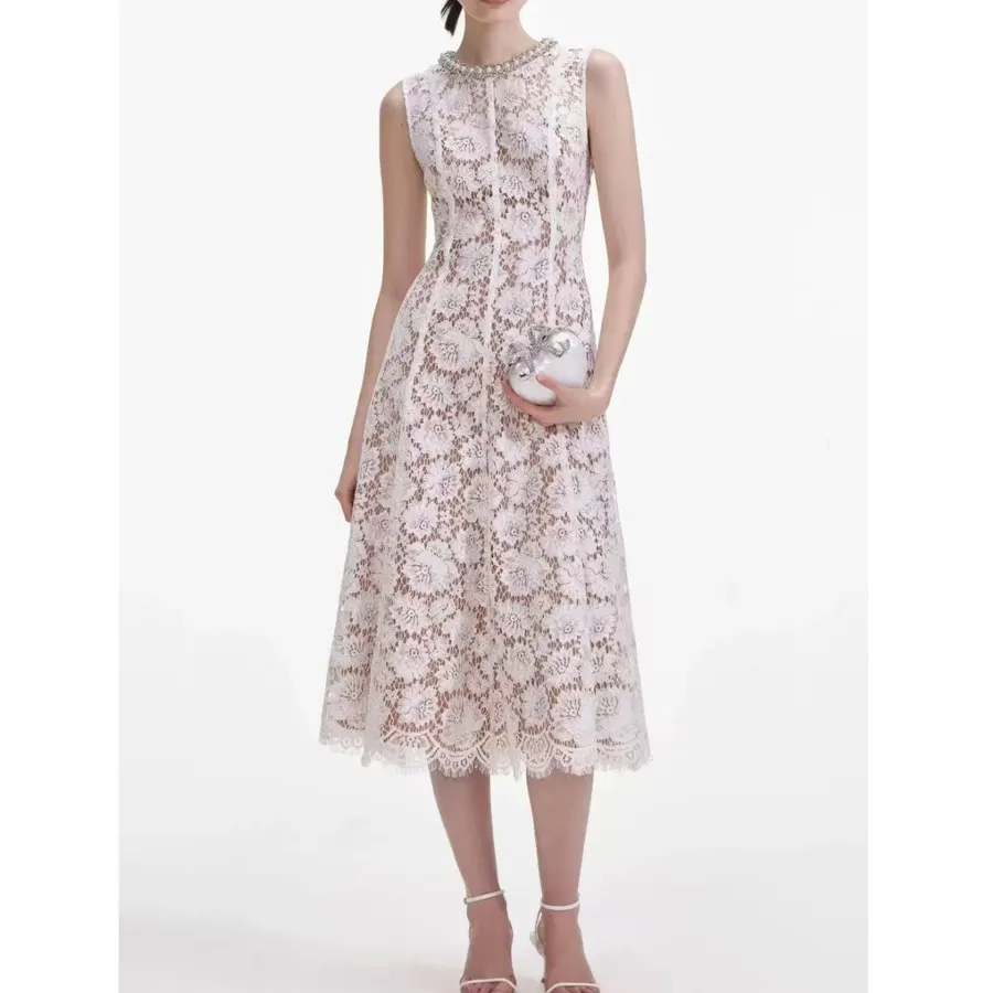 셀프 포트레이트 White Fine Lace Pearl Midi Dress 명품 | 명품하우스