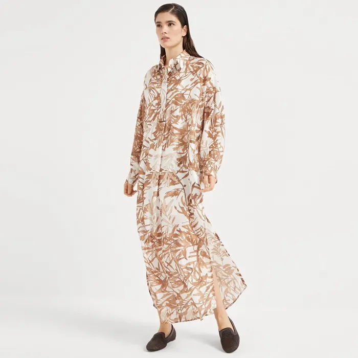브루넬로 쿠치넬리 Silk herbarium print pongee shirt dress with monili 251MQ999ARA91 명품 | 명품하우스
