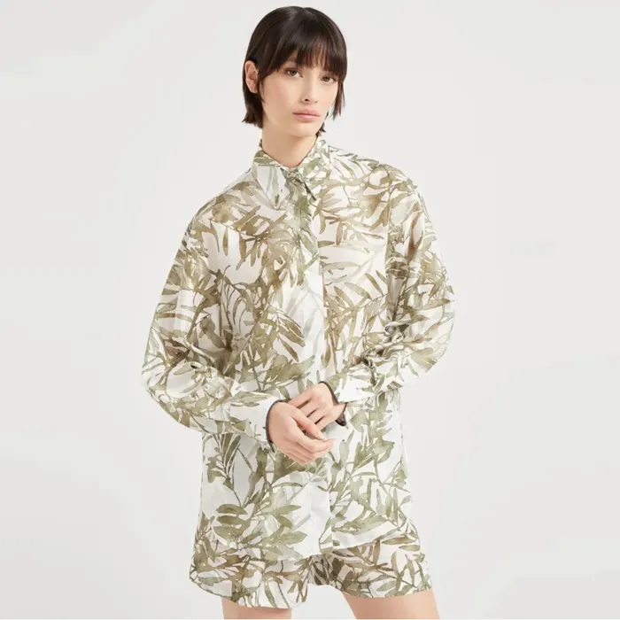브루넬로 쿠치넬리 Silk herbarium print pongee shirt with shiny cuffs 251MQ999NL486 명품 | 명품하우스