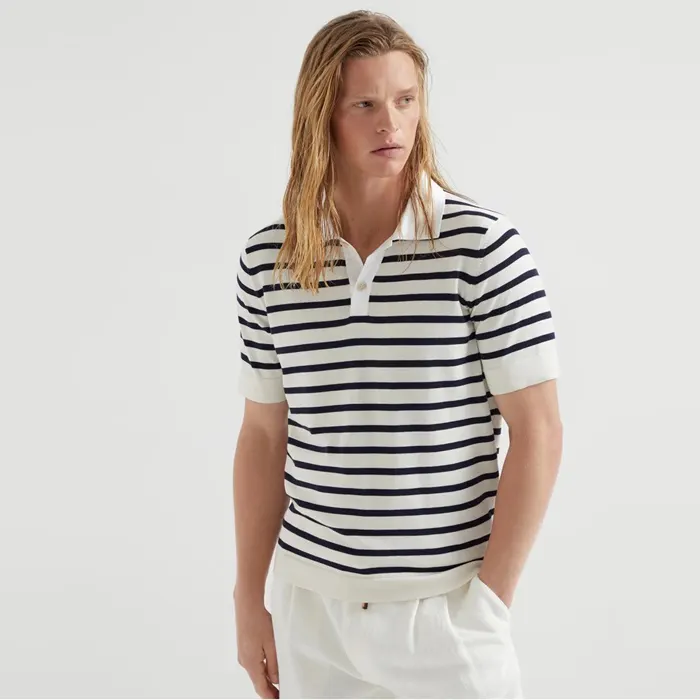 브루넬로 쿠치넬리 Cotton striped knit polo shirt with twill collar 252M29203705P 명품 | 명품하우스