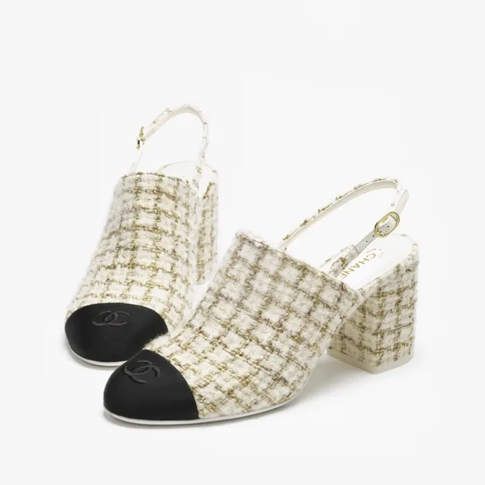 샤넬 Wool and Mohair Tweed & Grosgrain Ecru, Beige & Gold Slingbacks G46865 명품 | 명품하우스